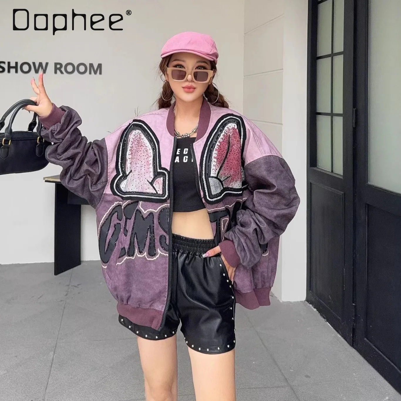 

Denim Jacket for Women High-End Patchwork with Sequins Cartoon Design Jacket Trendy Brand Top Anime Sweatshirt