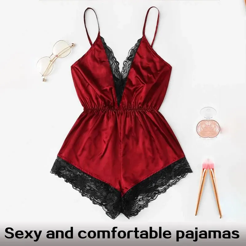 Summer New Sexy Fashion Women Lace Splice Trim Backless Bow Shorts V-Neck Bodysuit Women Sleep Wear Set