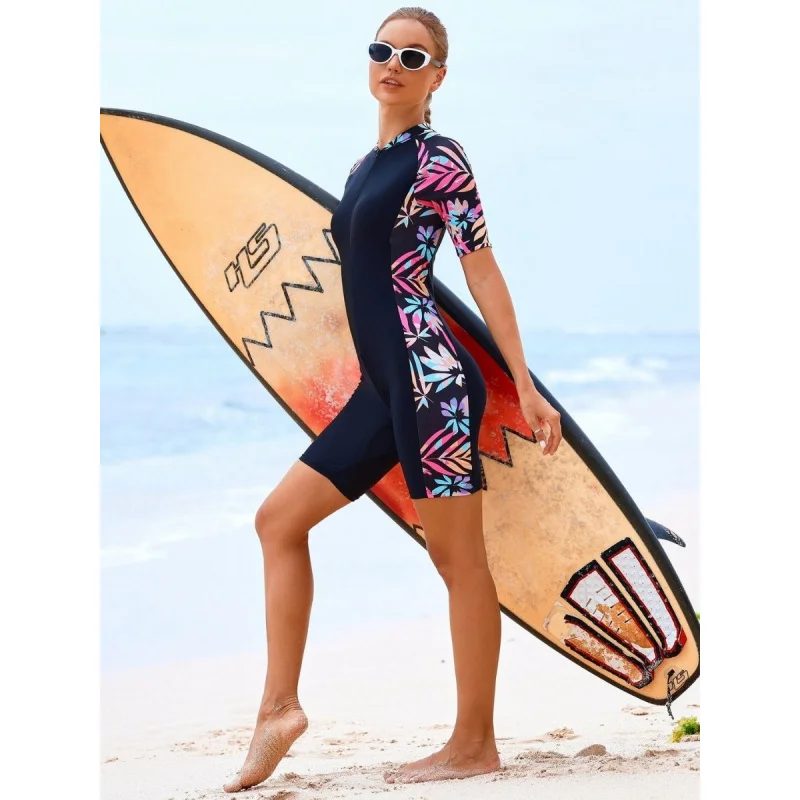 الأزهار طباعة الجبهة البريدي قصيرة الأكمام قطعة واحدة المرأة بذلة Boyleg Diveskin ملابس السباحة #6