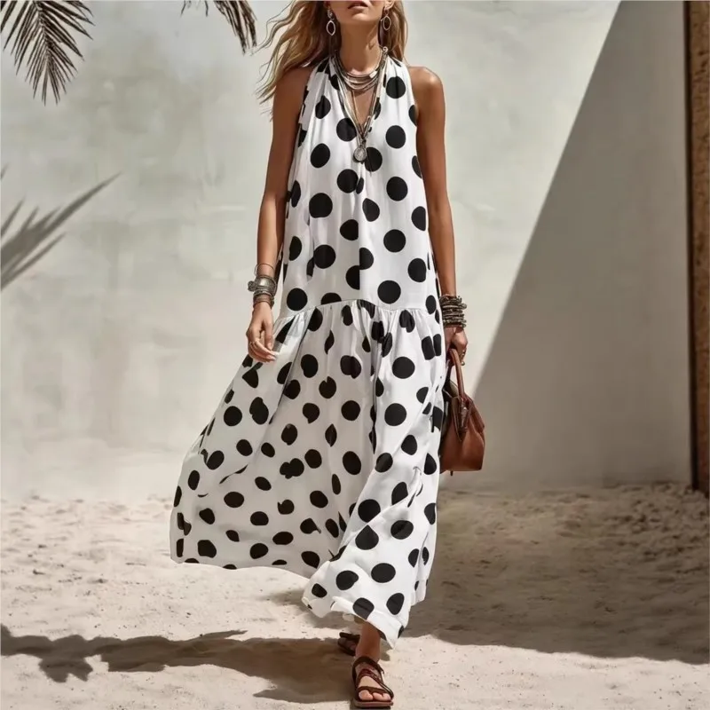 

Summer New Loose Dress Women's Boho Polka Dot Print Sleeveless Long Skirt Holiday Style Casual Maxi Dresses For Women Robe Femal