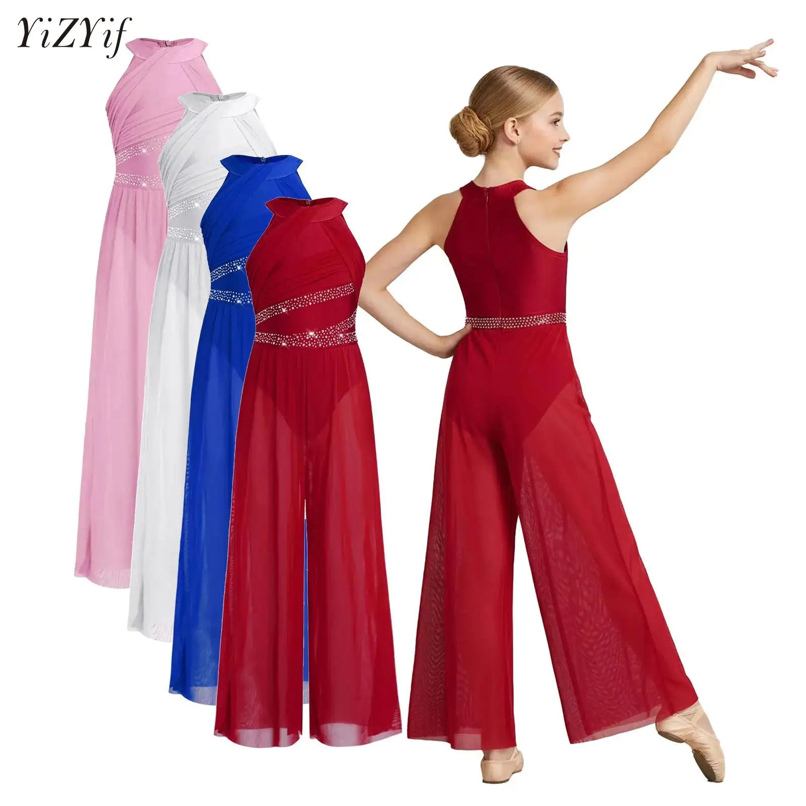 Mädchen-Lyrical-Tanz-Gymnastik-Jumpsuit, ärmellos, glänzend, gerafftes Oberteil, Hose mit integriertem Slip, Leotard-Kleid, Ballettkostüm