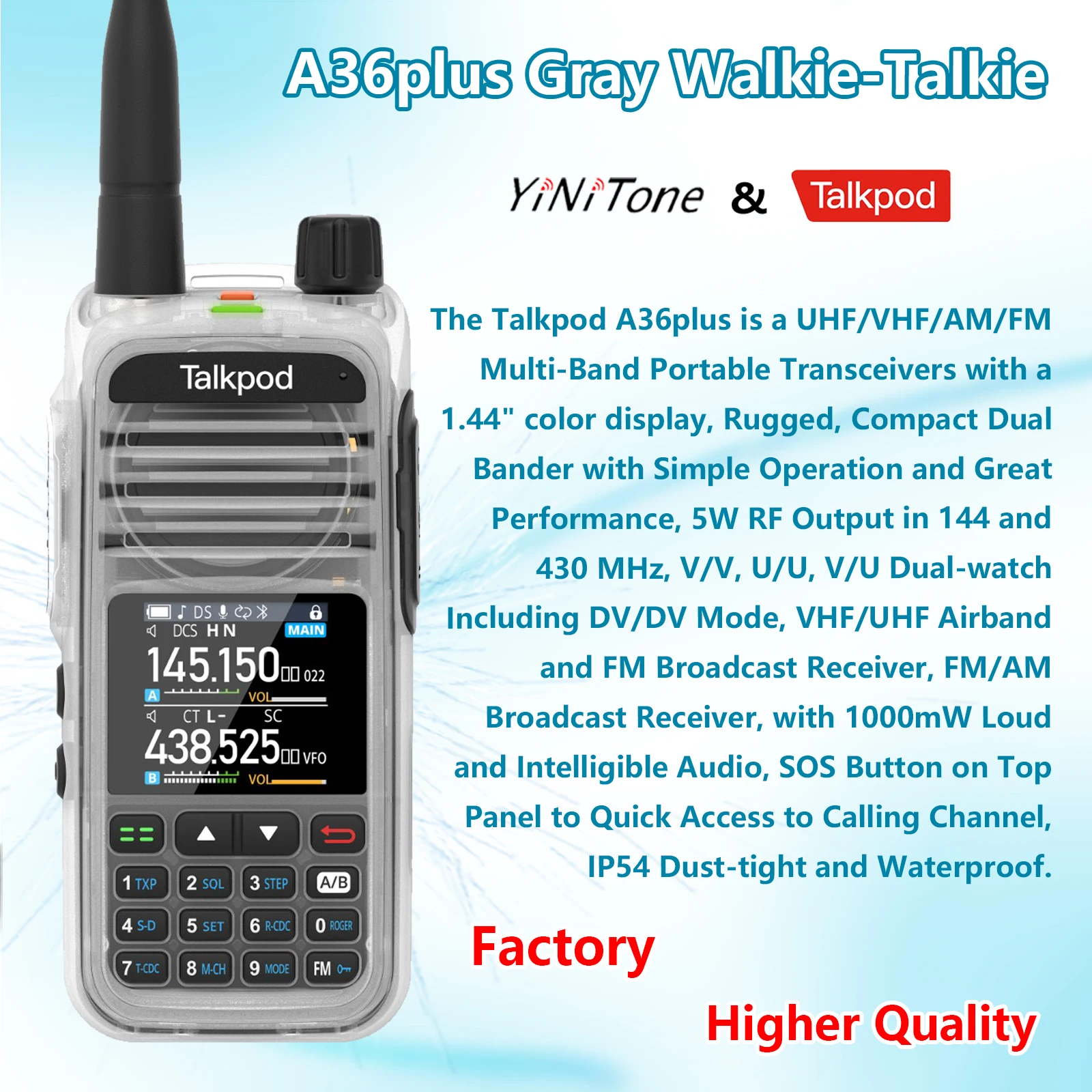 A36plus pemancar UHF/VHF/AM/FM Multi-Band portabel multi-fungsi dengan tampilan warna tipe-c tahan air dua arah Radio abu-abu