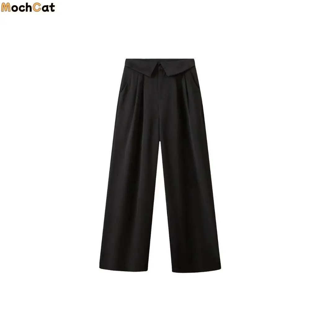 

Soft Loose Straight Leg Pants Workout Trousers High Waist Wide Leg Pants Drape Feeling Autumn Flip Up Suit Pants Female