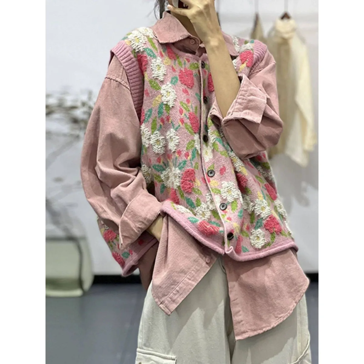 

Sweet Autumn Winter Women's Knitted Vest Loose Casual Artistic Floral Embroidery Anti-Aging oulder Pad round Ne Single Bu...