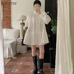 Long Sleeve Shirts Dresses Women White Retro Loose A-line Folds Korean Fashion Simple Clean Fit Harajuku Ins Trendy Chic Tender