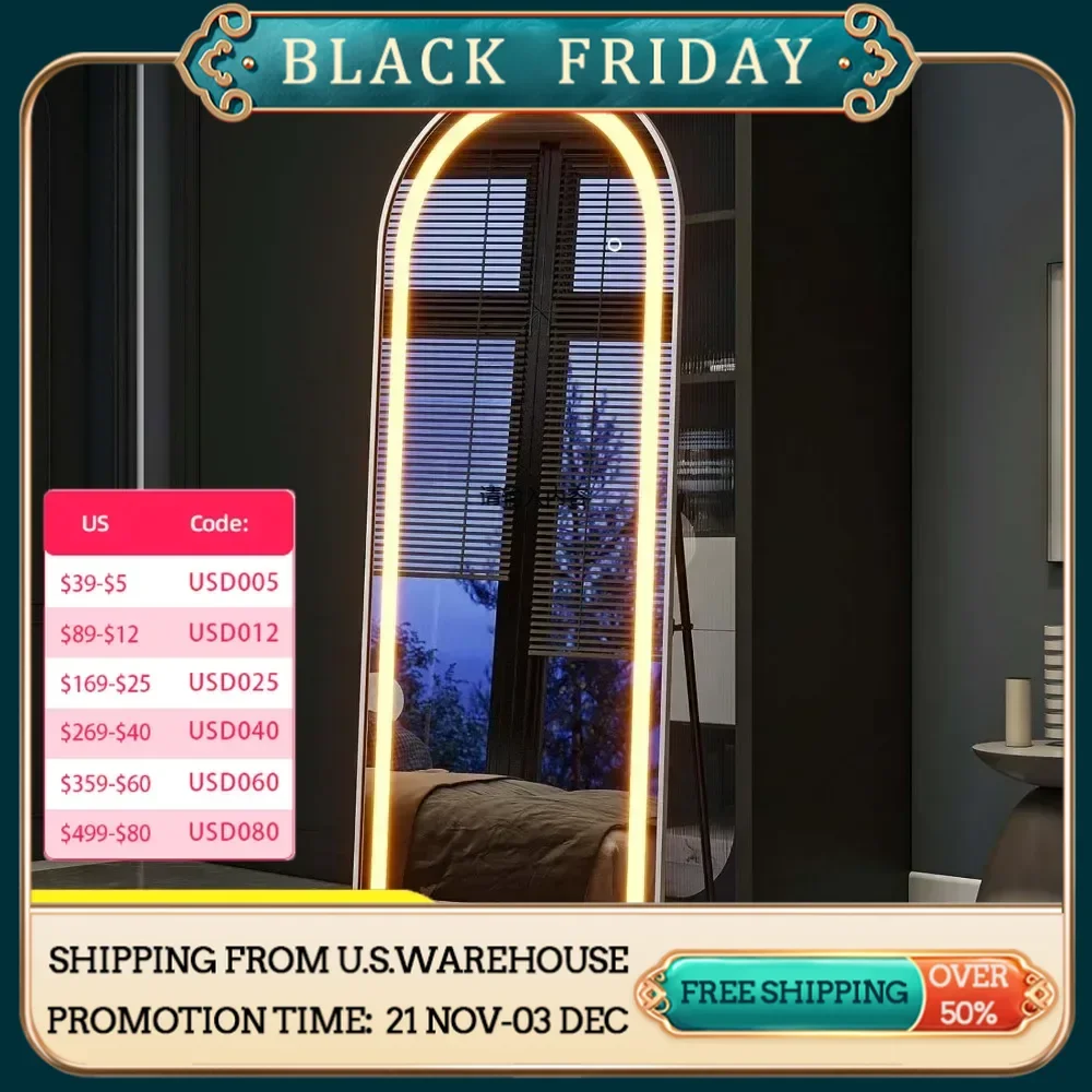 Full body mirror with light, LED mirror full length, floor mirror with light with bracket, suitable for living room cloakroom