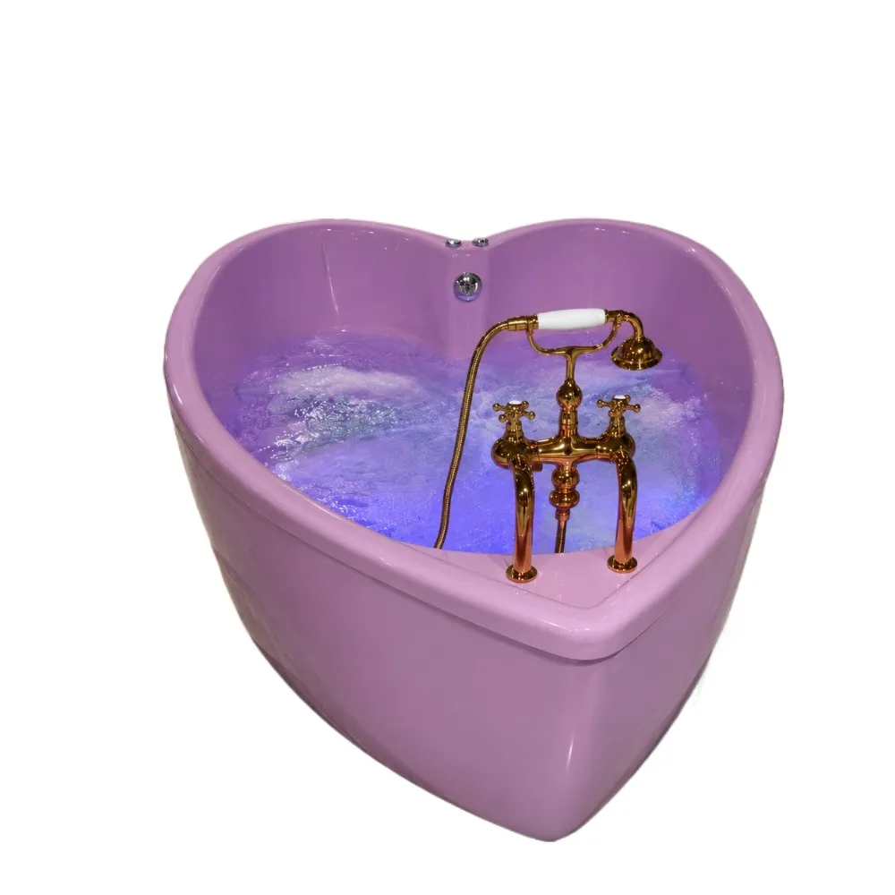 Modern heart-shaped acrylic bathtub, standalone couple massage bathtub, indoor spa bathtub with LED lights