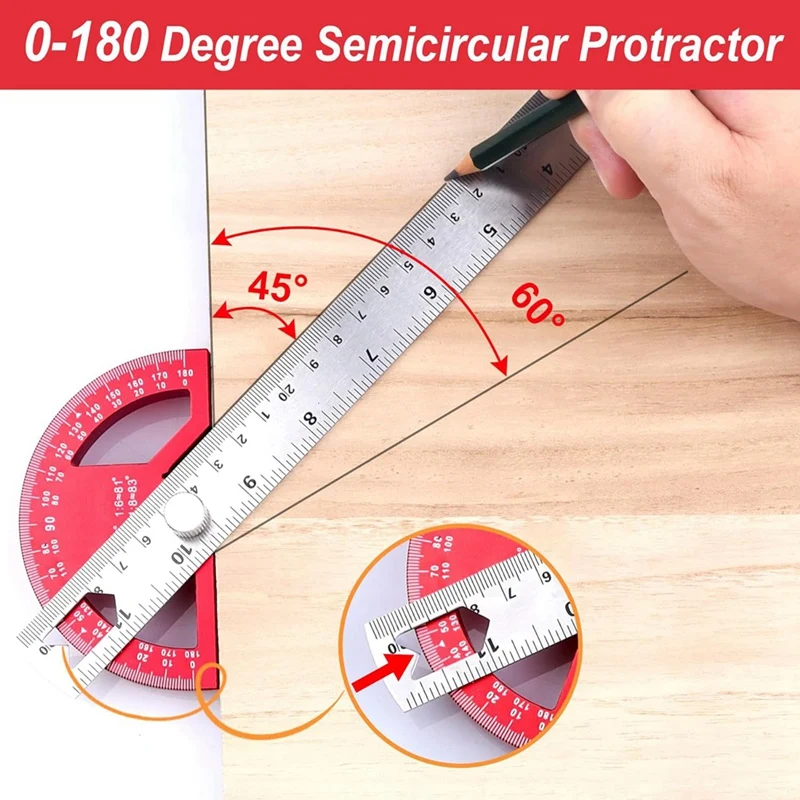 Red Protractor Angle Finder Aluminum Angle Ruler-Protractor For Woodworking, Angle Measuring Tool With 0-180 Degrees