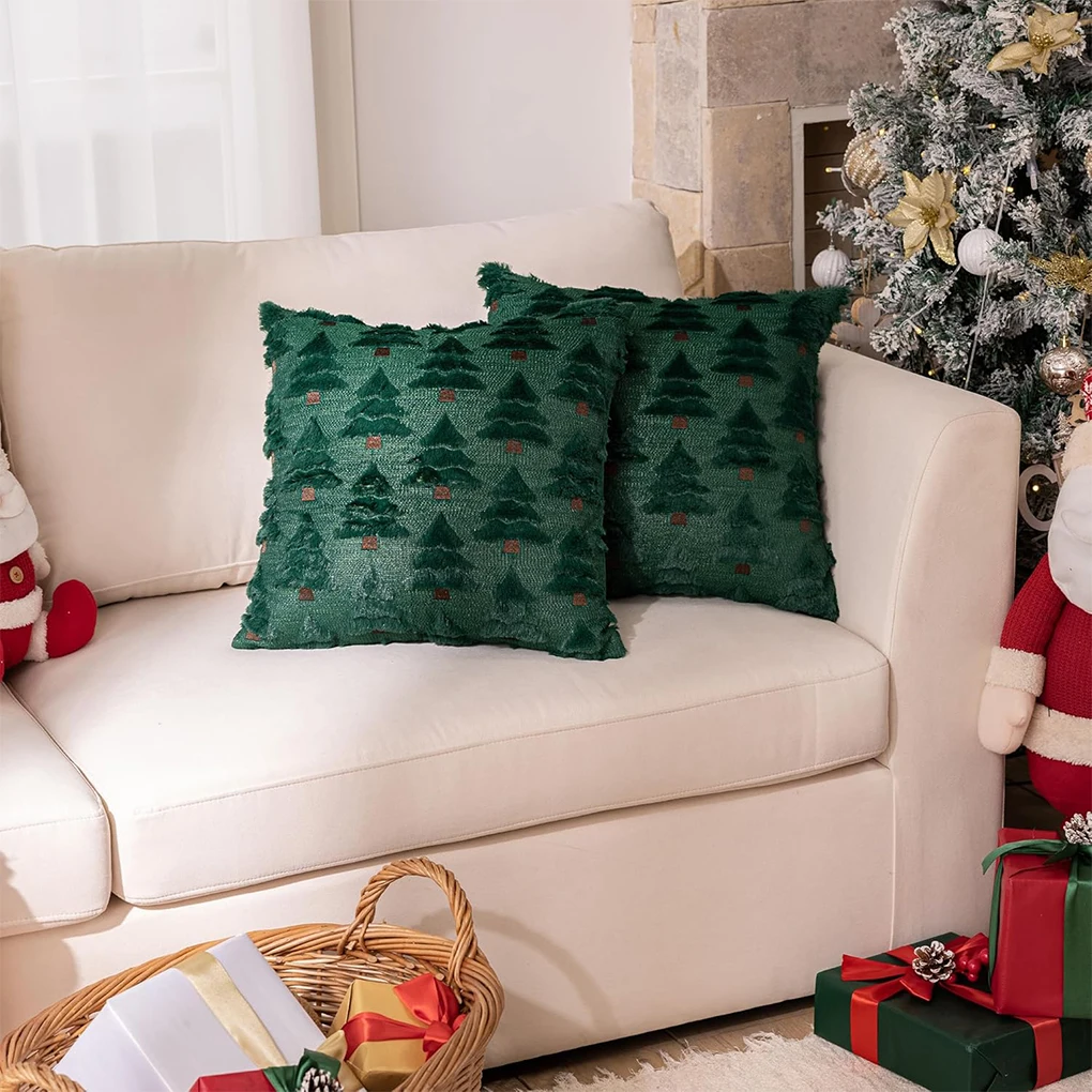 Plush Comfort Upgrade Green Throw Pillowcase Set Holiday Pillows For Sofa Christmas Tree Pillow Covers Invisible Zipper