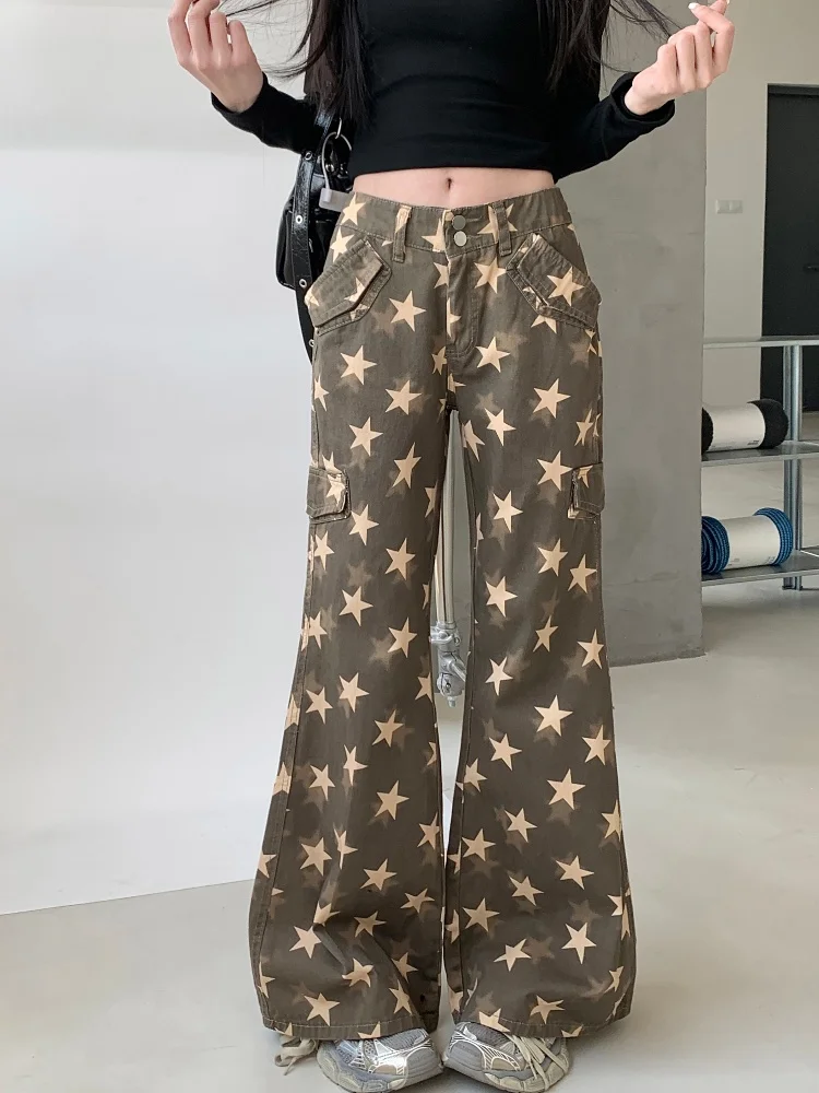 

2025 Cyber Y2K Streetwear Star Printed Slim Flare Jeans Pants For Women 90S Vintage Clothing Casual Lady Trousers Ropa De Mujer