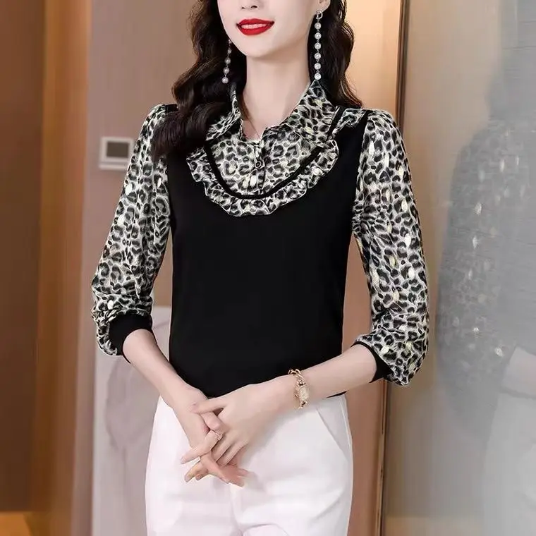 Fake Two Pieces Top Floral Blouses for Women Spring Autumn New Fashion Mom Versatile Long Sleeve T-shirt Top M-3XL