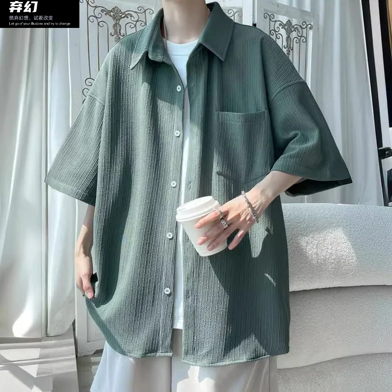 Camisa de seda helada verde menta para hombre, manga corta, suelta, talla grande, chaqueta americana, Verano