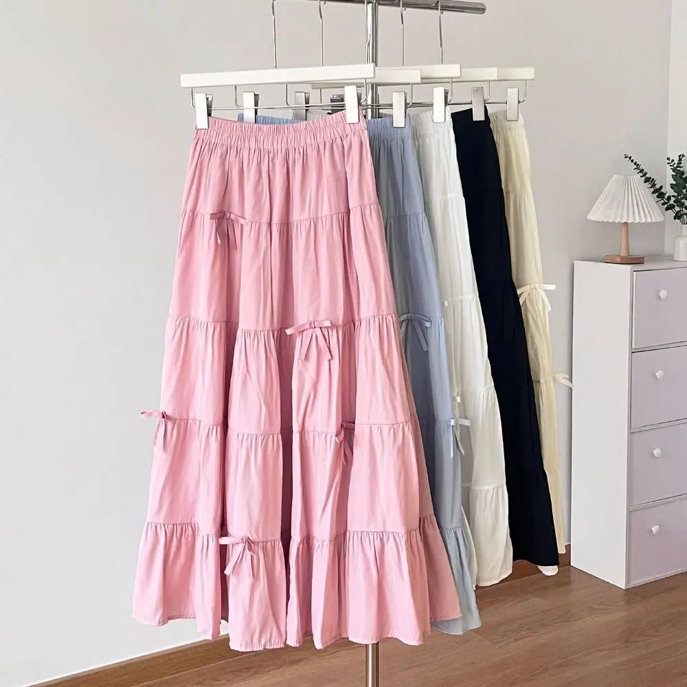 Bowknot Tiered Midi Rock Plissee Hohe Taille Lange Kuchen A-linie Röcke Korea Stil Einfarbig Sieben Punkt Langes Kleid Mädchen