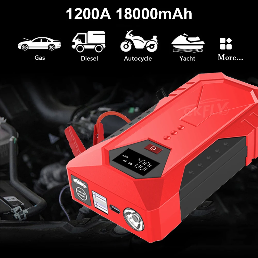 GKFLY 1200A Start Power Bank 18000mAh Jump Starter Car Booster External Battery 12V Starting Device for Petrol Diesel Powerbank