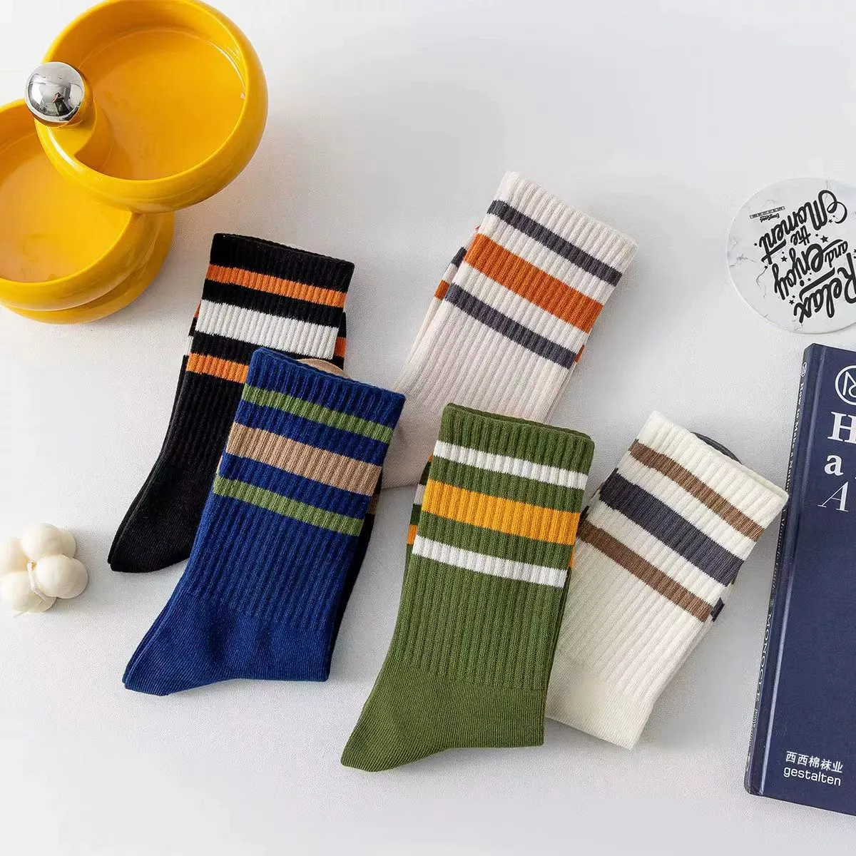 5/10 أزواج الرجال مخطط منتصف جوارب أنبوبية لون عصري حجب لينة مريحة امتصاص العرق تنفس وجوارب غير رسمية  #3