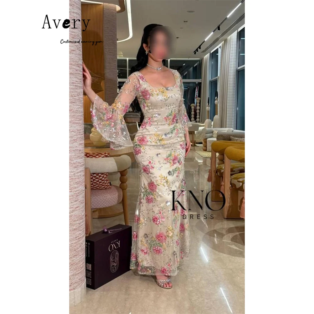 Avery Custom Fishtail Long Sleeve Lace Flowers Elegant Evening Dresses for Woman Luxury Women's Evening Dresses for Events Party