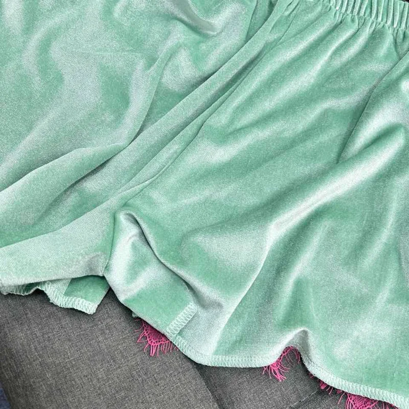 High Street Mint Green Velvet Shorts With Patchwork Lace Trim Paneled Elastic Waist Trousers Women Chic Edgy 2026 Summer Outfits