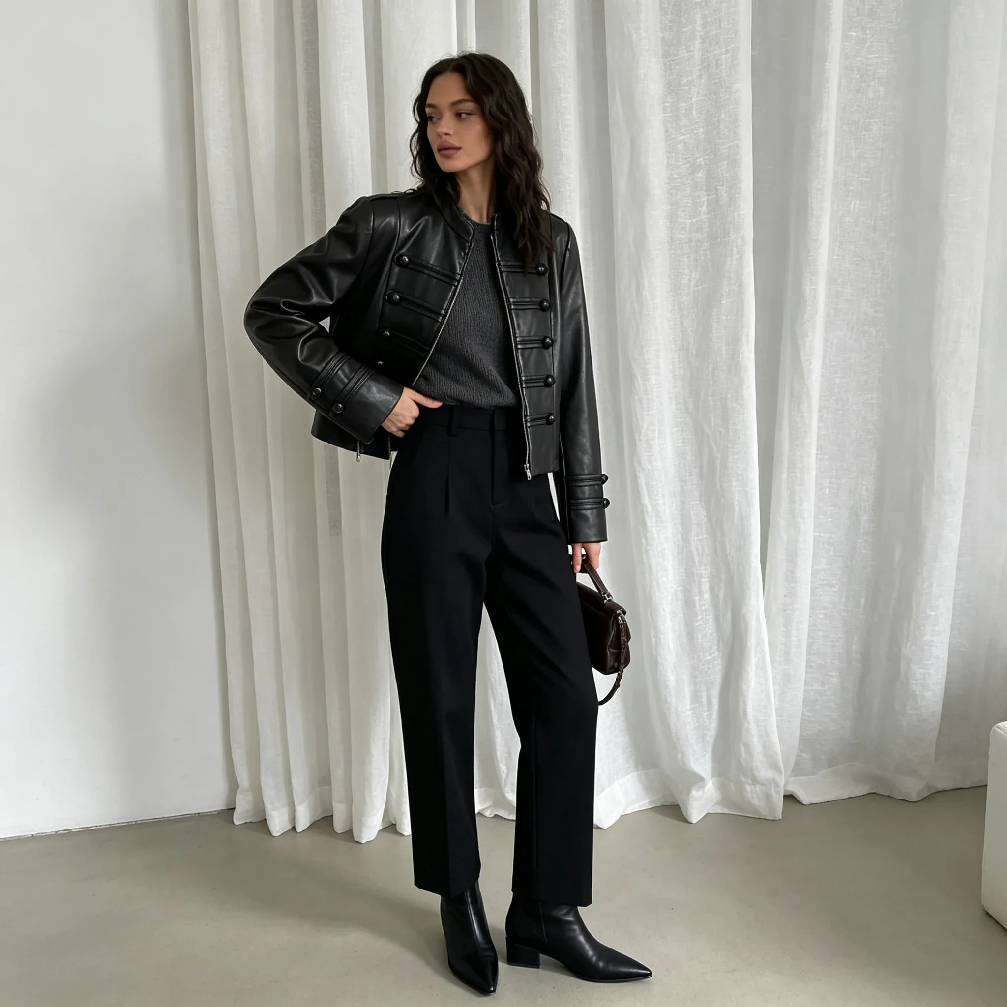Stand Collar PU Leather Jacket Women Frog Button Loose Fit Casual Black Daily Elegant Autumn Spring Cozy Outerwear