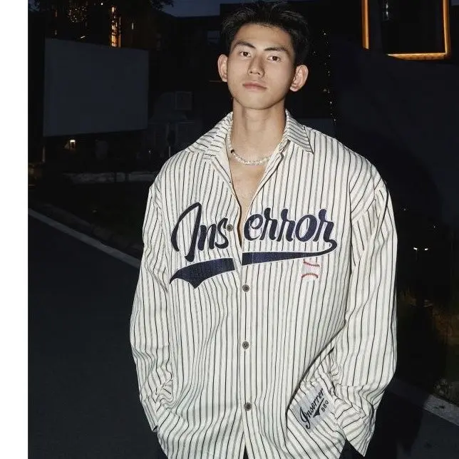 

New American retro striped spring and autumn men's and women's lapel collar long-sleeved shirt loose top letter shirt