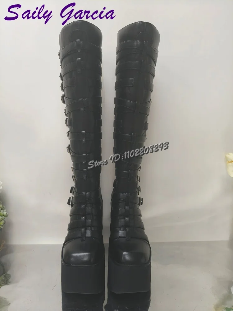 فاسق حزام مشبك منصة دراجة نارية الأحذية ساحة تو الظلام سميكة وحيد الساخن فتاة الركبة عالية الأحذية 2025 Y2K النساء الأحذية الحديثة الجديدة