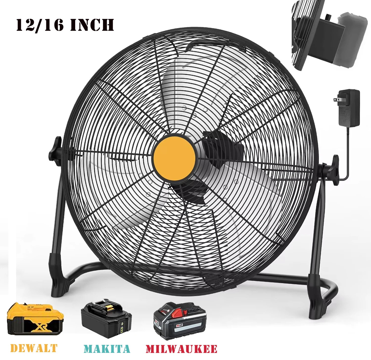 12/16 Zoll Akku-Betriebener Bodenventilator Kompatibel mit Dewalt 20V Max Akku Tragbarer Kabelloser Ventilator Stufenlose Geschwindigkeitsregelung