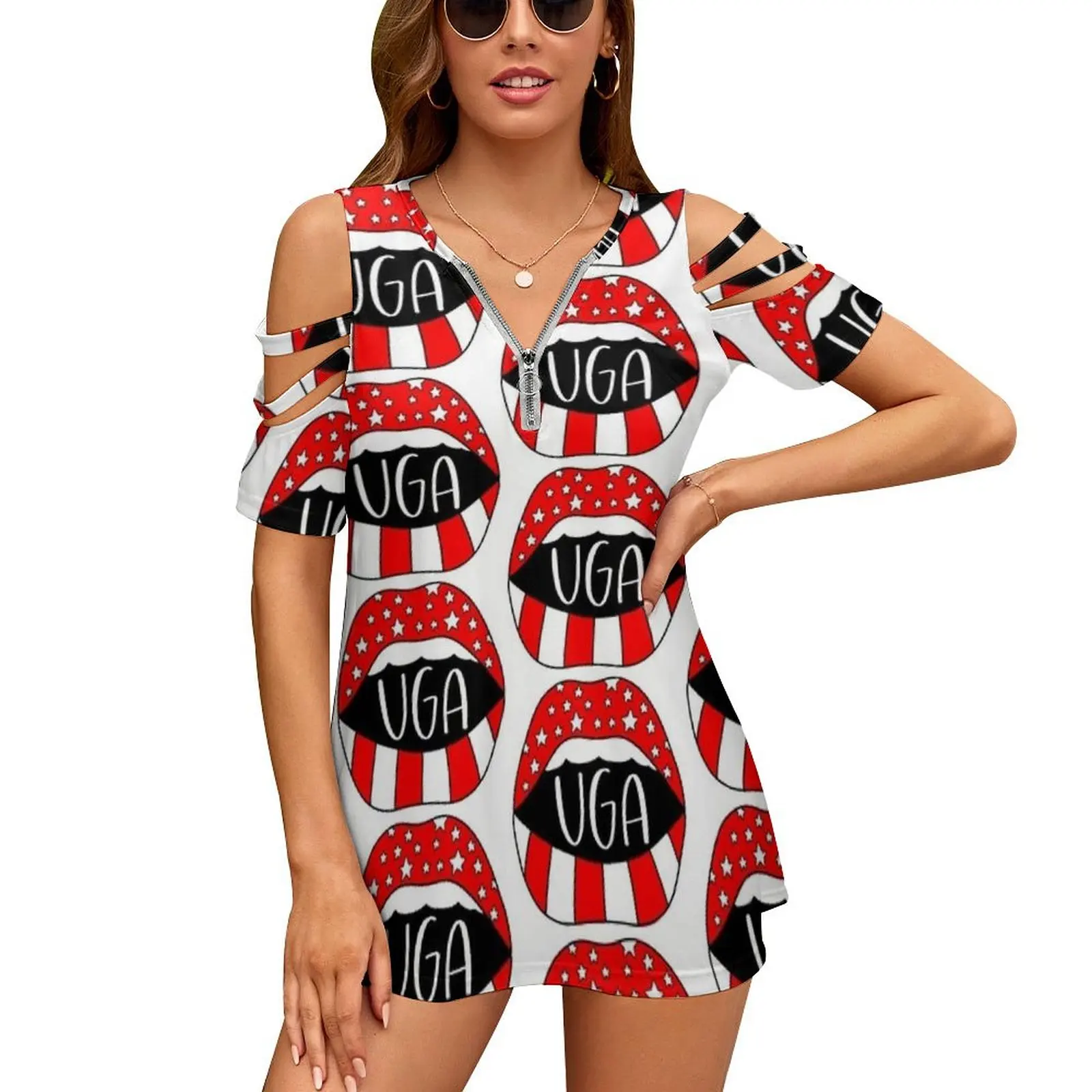 Uga nueva moda cremallera fuera del hombro Top de manga corta camisa de mujer labios boca Dawgs Uga juego de equipo de fútbol inteligente Sanford Atenas