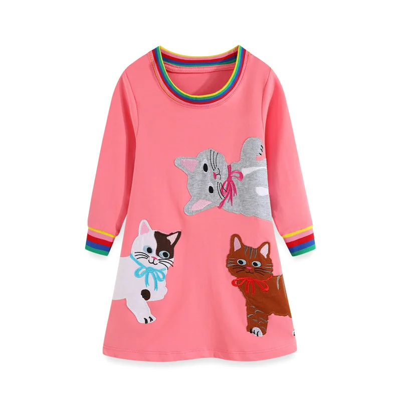 Jumping Meters 2-12T Hot Selling Princess Girls Dresses Cats Embroidery Autumn Spring Baby Clothes Birthday Frocks Costume