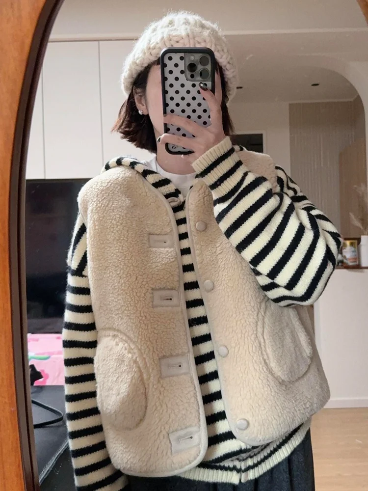 Chaleco redondo elegante de piel de cordero Ne para mujer, ropa de abrigo holgada de Svel para otoño e invierno, abrigo de capas a la moda, Simple y resistente