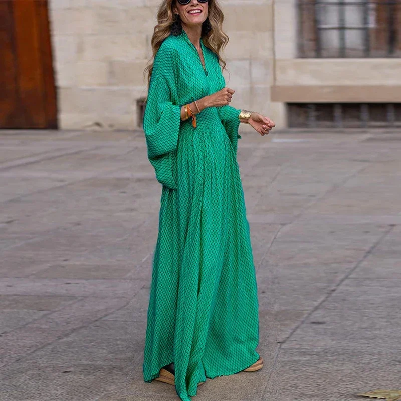LIBIELIY Sexy V-neck Flare Long Sleeve Maxi Dress Women Fashion Geometry Print Party Dress Elegant High Waist Big Hem Loose Lon