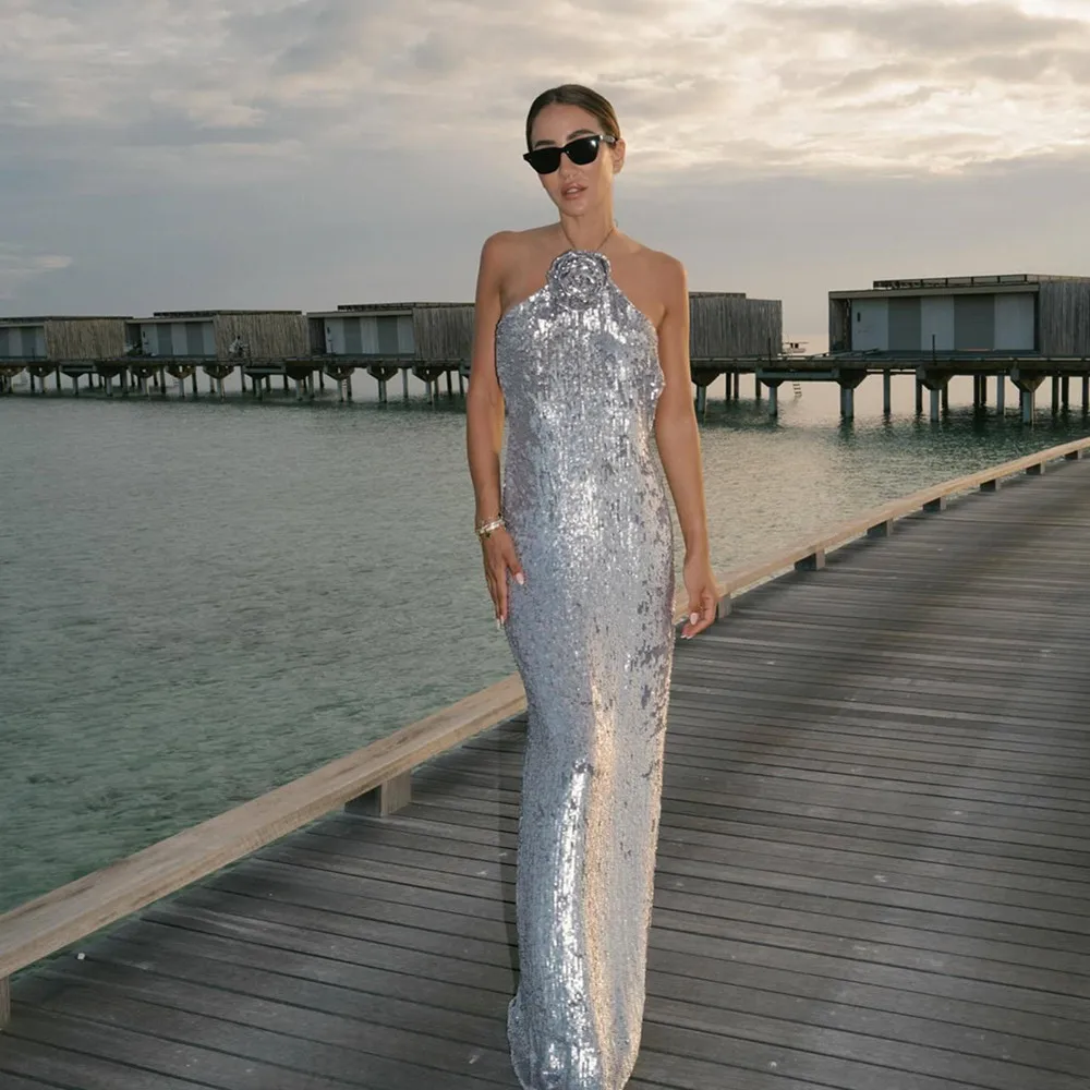 

Elegant Silver Sequin Long Split Dress Casual Party Evening Gown Neck Hanging Backless Fashionable Lightweight Wedding Annive...