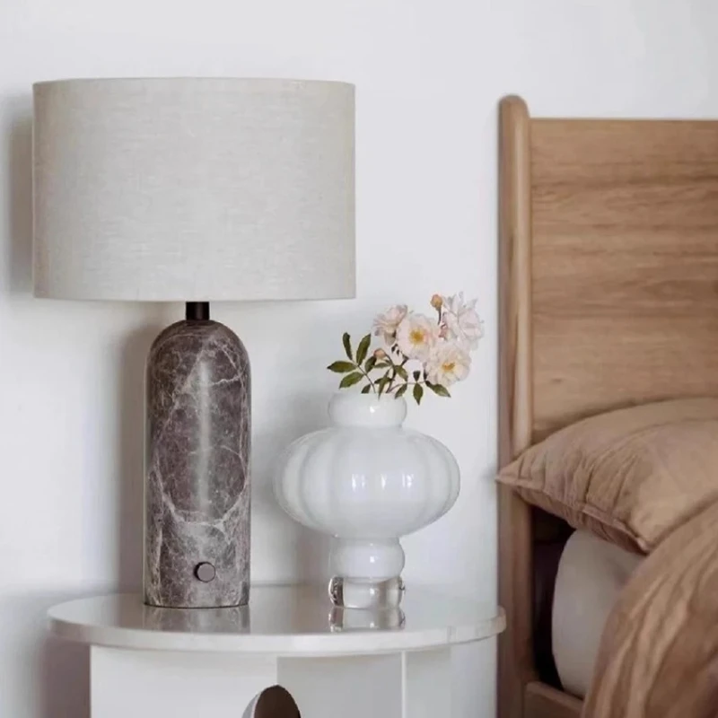 Denmark Cylindrical Marble Table Lamps Rotundity White Fabric Lampshade Moden Living Room Bedroom Office Restaurant Desk Lights