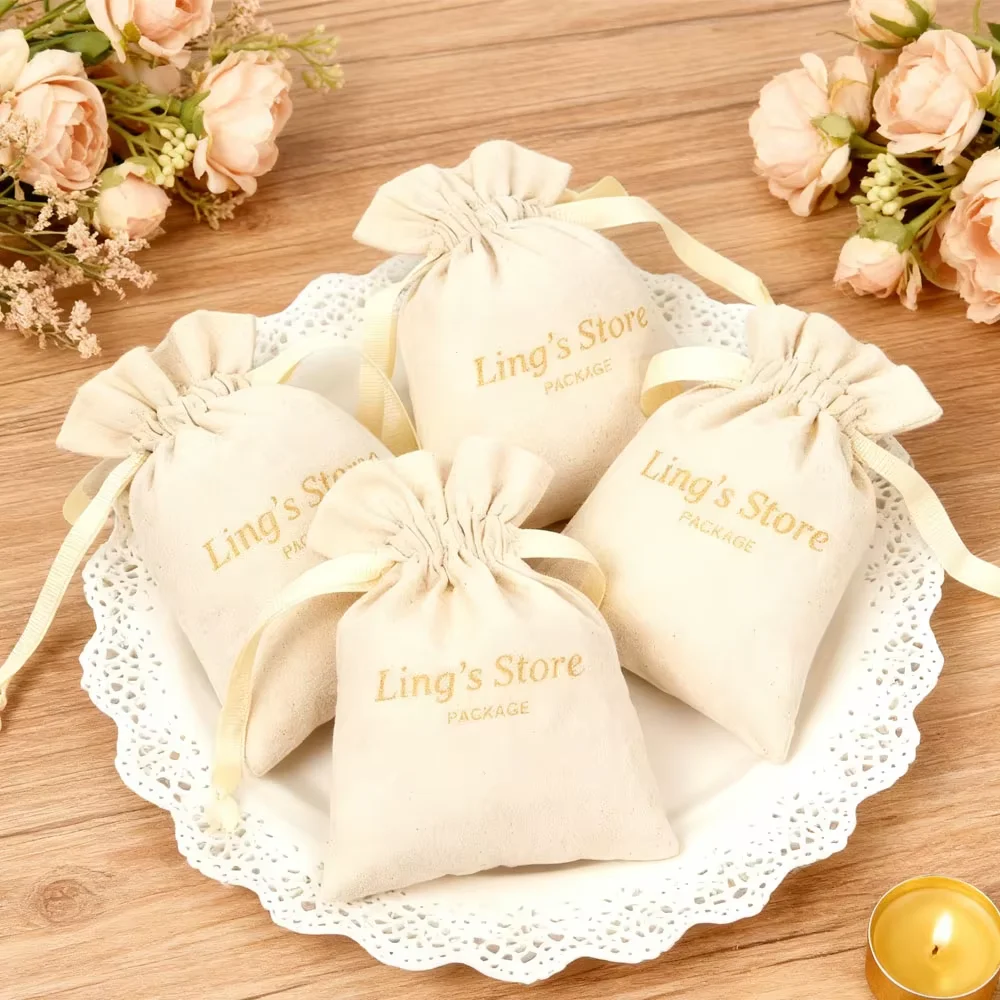 

100PCS Customized Muslin Drawstring Gift Bag Fungus Open Style With Two Side Grosgrain Ribbon DIY Gift Cosmetic Travel Packaging