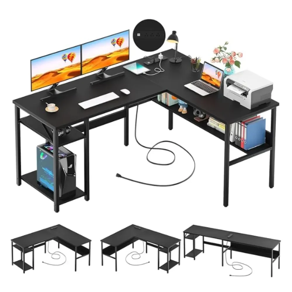 

Reversible L Shaped Computer Desk with Magic Power Outlets and USB Charging Ports,Sturdy Corner Desk with Storage Shelves