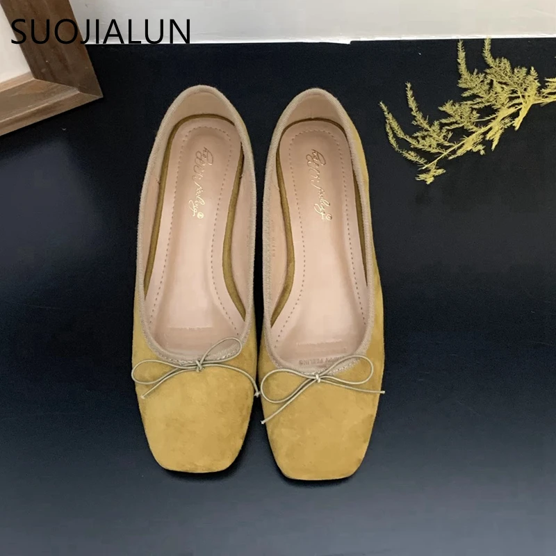 SUOJIALUN New Brand Women Flat Shoes Fashion Round Toe Shallow Slip On Ladies Ballerinas Shoes Casual Square Low Heel Ballet Sho