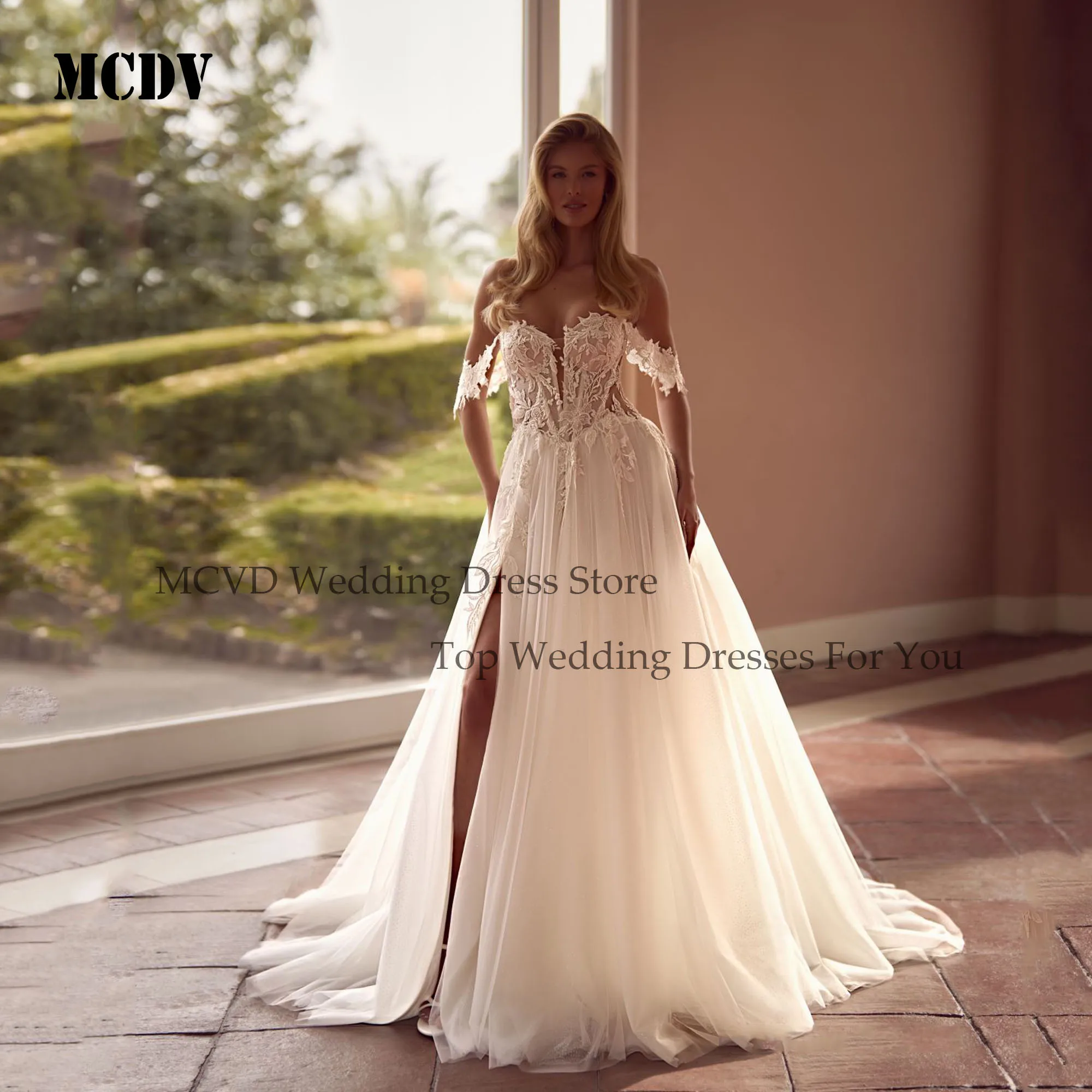 MCDV Off Shoulder Beach Wedding Dress Strapless Split A-Line Tulle Vestidos De Novia Boda Applique Lace Bride Gowns Customized