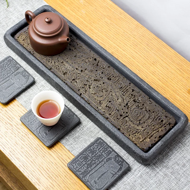 Tea Tray Natural Stone Plate Dragon Pattern Decoration Chinese Home Table Rectangular Office Accessorie Antiques Kungfu Teaset