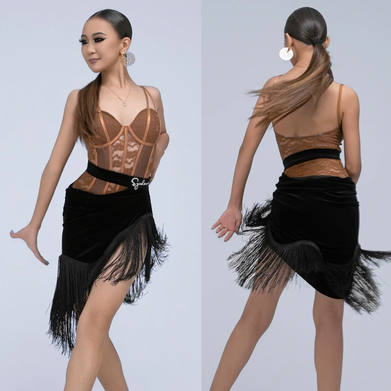 

Adults Latin Dance Performance Costume Women Chacha Latin Dance Competition Clothes Sexy Latin Top Fringed Skirts SL11460
