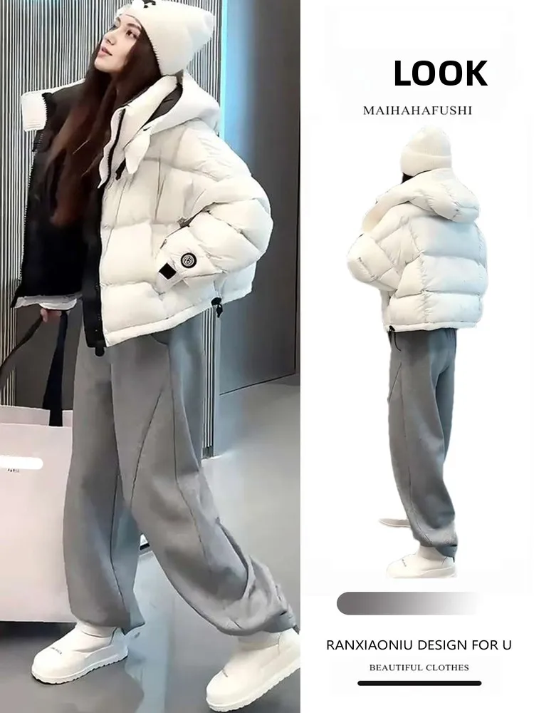 

Spring Set Women's Thiened Warm Slimming Non-Bulky Hooded down Cotton Jaet Casual Trousers Faionable Autumn Winter Ense...