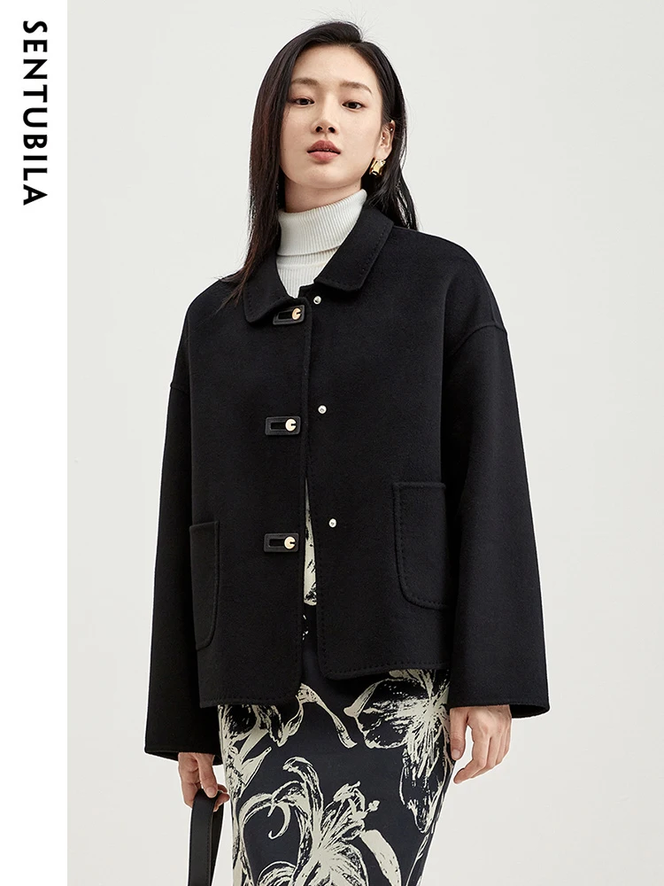 

SENTUBILA Wool Winter Coat Woman 2025 Elegant Retro Loose Big Pocket Long Sleeve Lapel Female Outerwear Ladies Clothes W34O49736