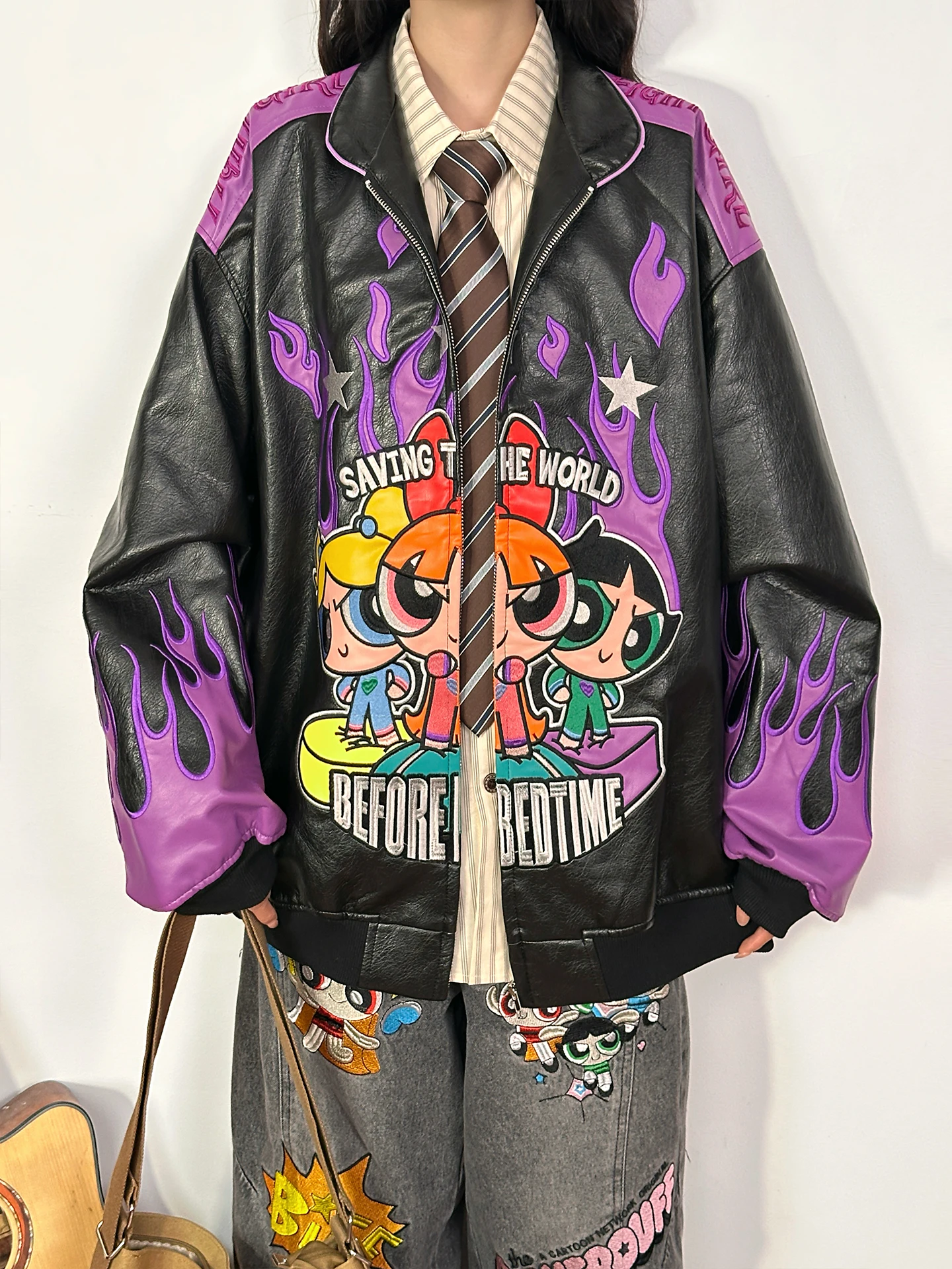 Original American Retro Fire Girl Embroidered Patchwork Leather Jaet Women's Trendy Streetwear Warm Long Sve Zipper Coat