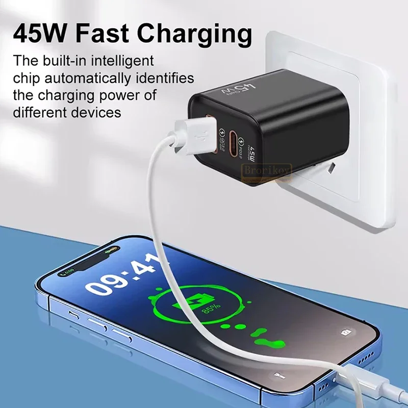 GaN 45W Dual PD Type C Charger USB Fast Charging Quick Charger 3.0 For iPhone 15 Xiaomi Samsung S22 Huawei Mobile Phone Adapter - náhled 2
