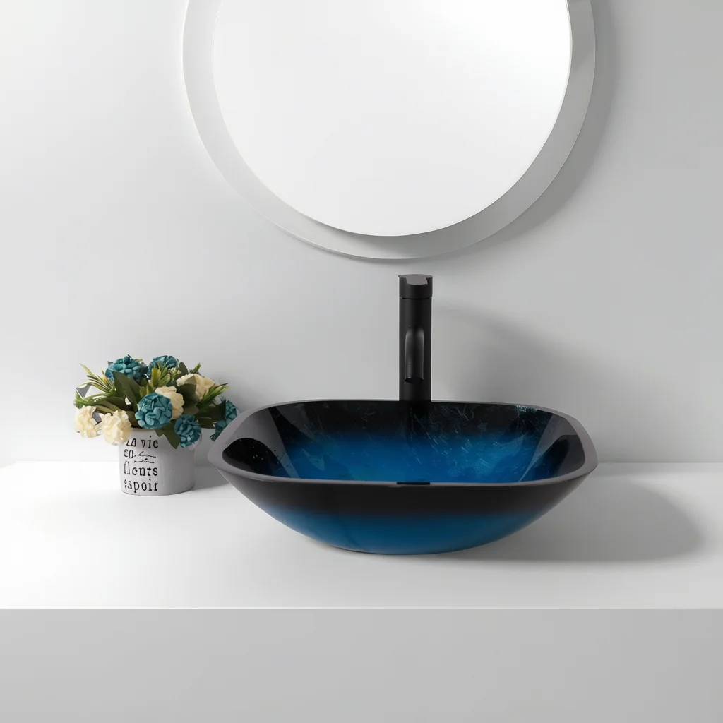 Blue Artistic Tempered Glass Vessel Sink With Faucet And Pop Up Drain For Bathroom