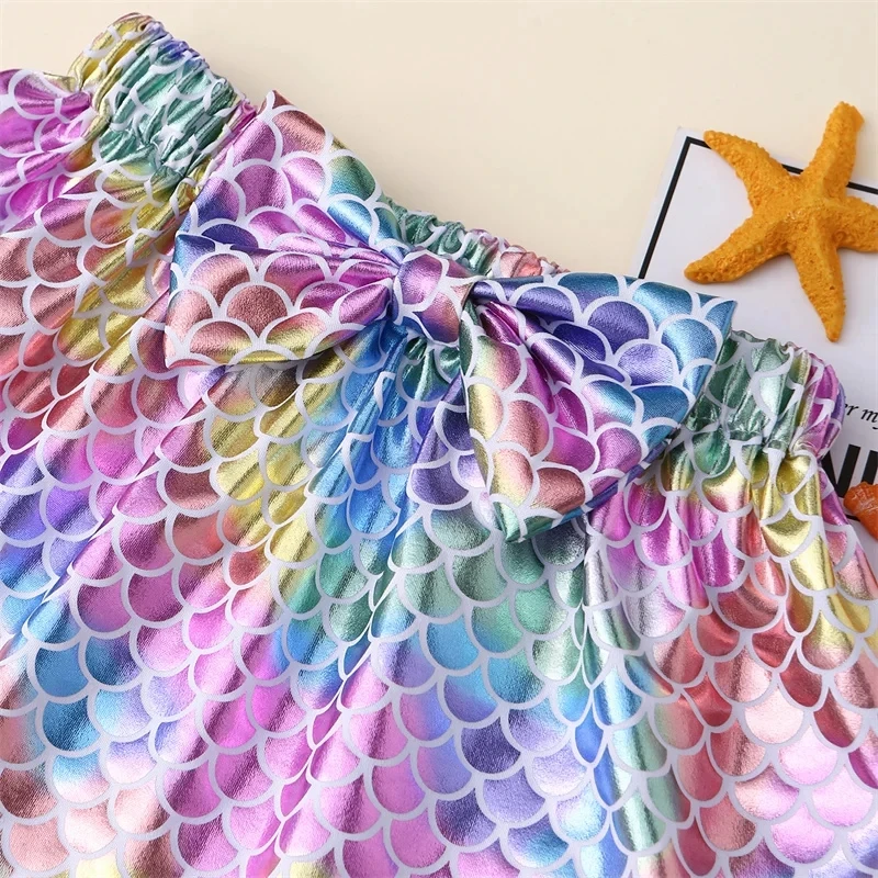 Fish Scale Skirt Large Bow A-line Skirt Fish Scale Skirt Rainbow Skirt Tutu Skirt Preschool Children\'s Bow Knot Colored Skirt