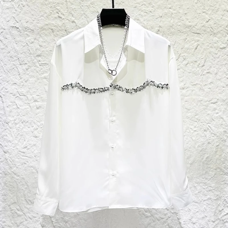 High Quality Sequined Rhinestone Decorated Shirt Men's Long Sleeve Casual Shirts Trend Banquet Party Stage Performance Costumes