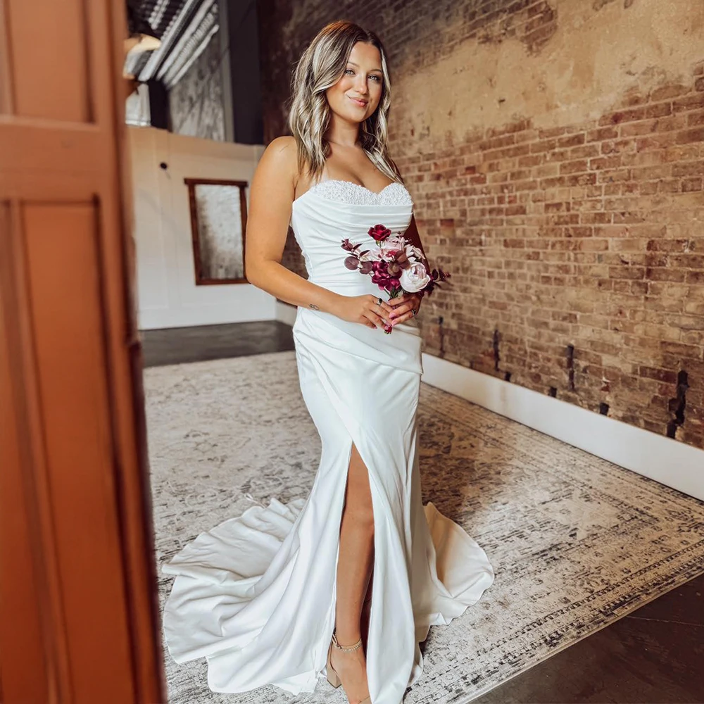 

Индивидуальное свадебное платье-русалка из атласа с шлейфом и высоким разрезом, элегантное свадебное платье с кружевной аппликацией для современной невесты