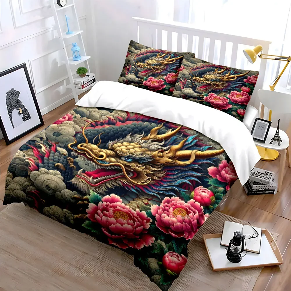 Dragon and Peony Decor Set Soft Comfortable Duvet Cover Bedding Set Included 1*Duvet Cover & 2*Pillowcases, gift