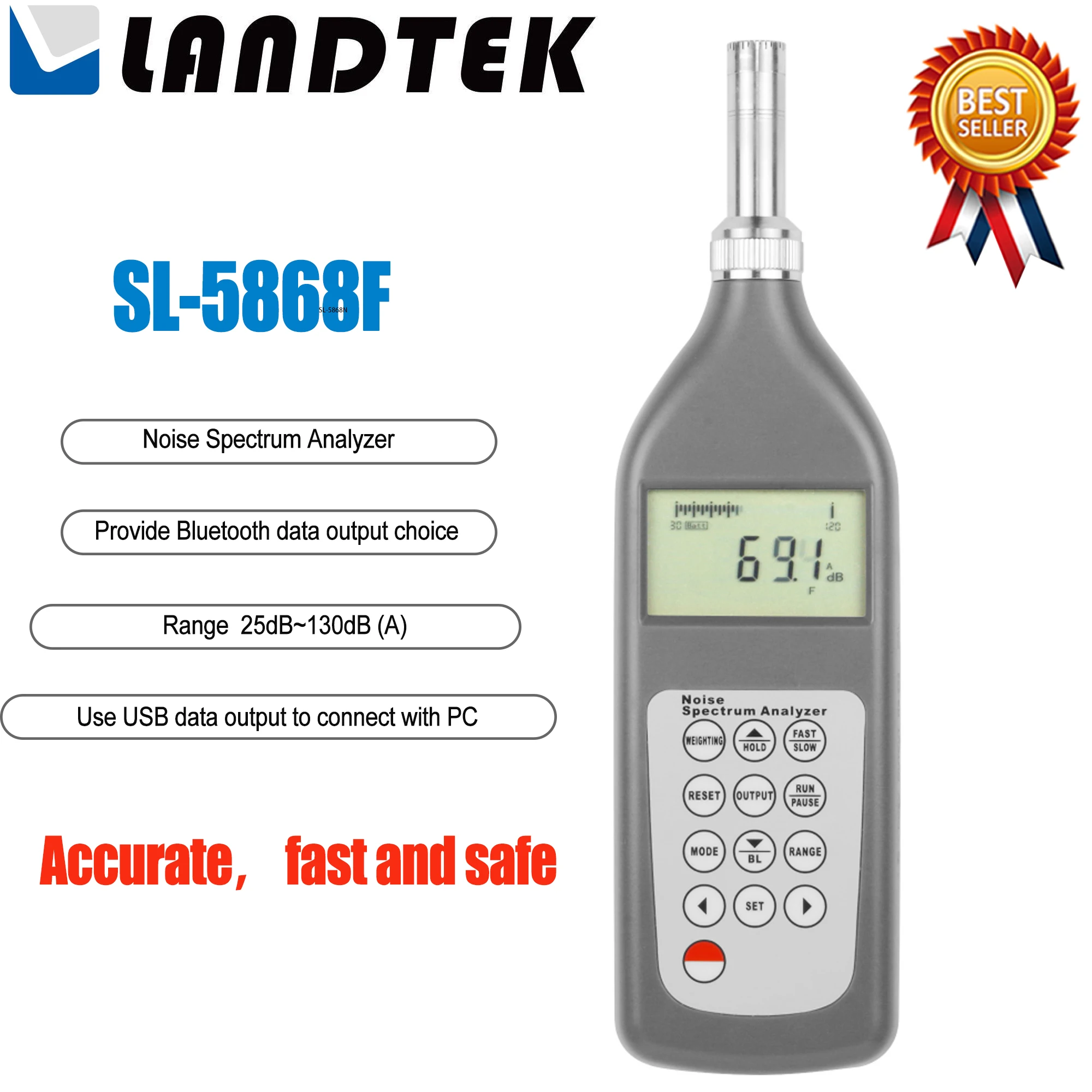 

LANDTEK SL-5868F Шум анализатор спектра, который может измерять 1/1 октавы фильтр и 1/3 октавы фильтр. Монитор измеряет Динамическое