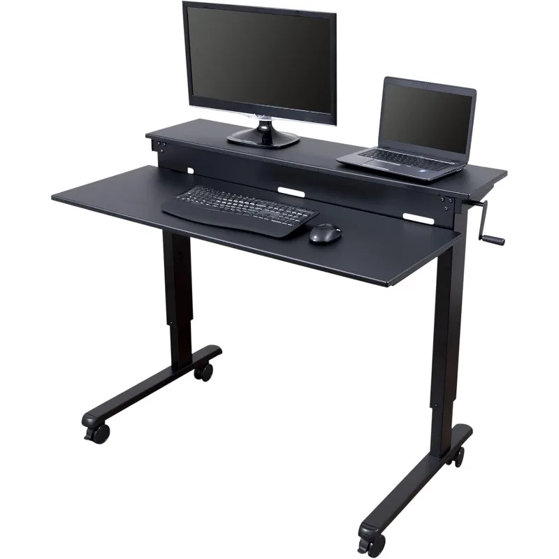 Crank Adjustable Two Tier Standing Desk with Heavy Duty Steel Frame (Black Frame/Black Top, 48