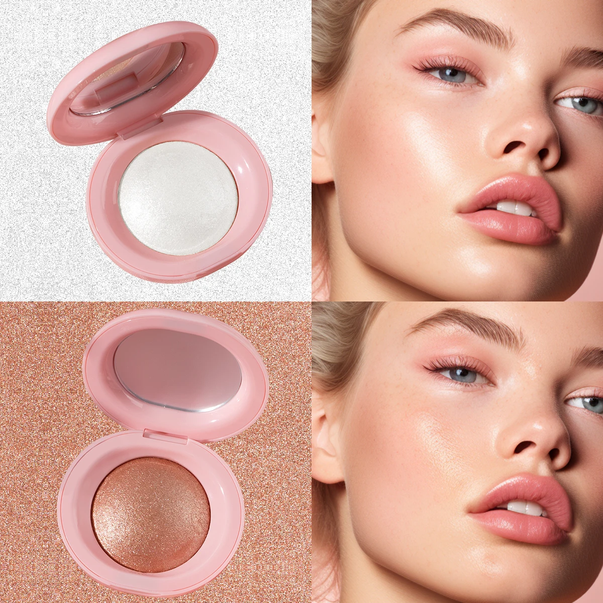 2pcs Baked Brighten Blush Highlighter, Waterproof, 24h Brilliant Lighten Skin Color, Shape Contour Pearl Shimmer Smooth Powder