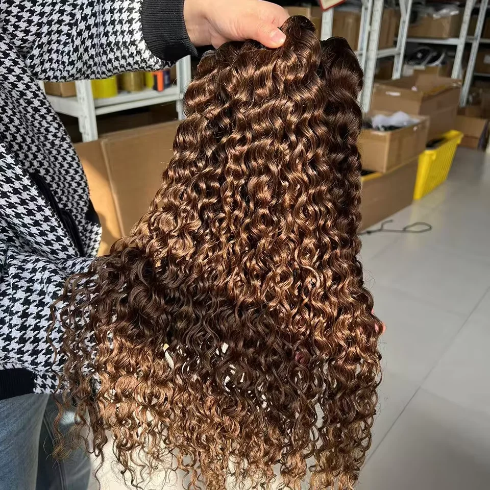 #4 Brown Water Wave Bundles  Human Hair Peruvian Real Remy Hair Weaving Chocolate Brown Curly Hair Bundle Deals For Extensions